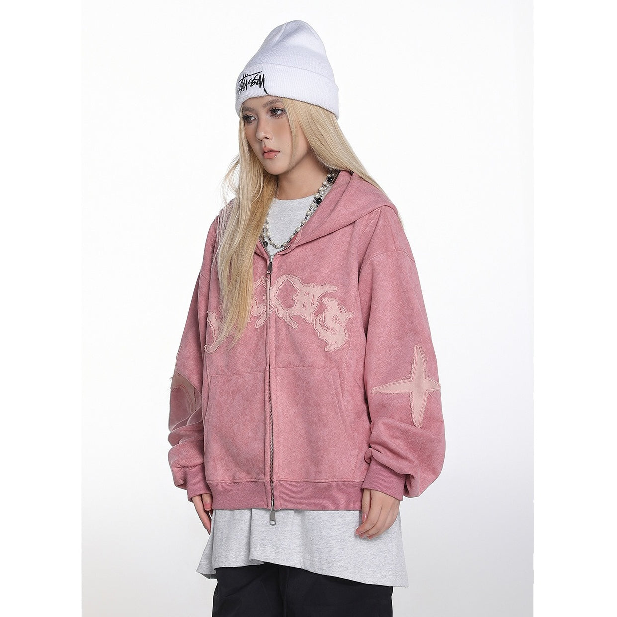 Letter Embroidered Suede Like Zipper Hoodie MB7435