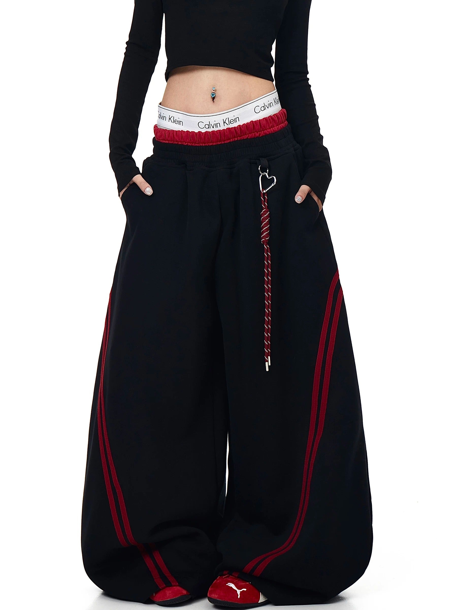 Contrasting Line Double-Waist Wide Curve Sweat Pants MB7431
