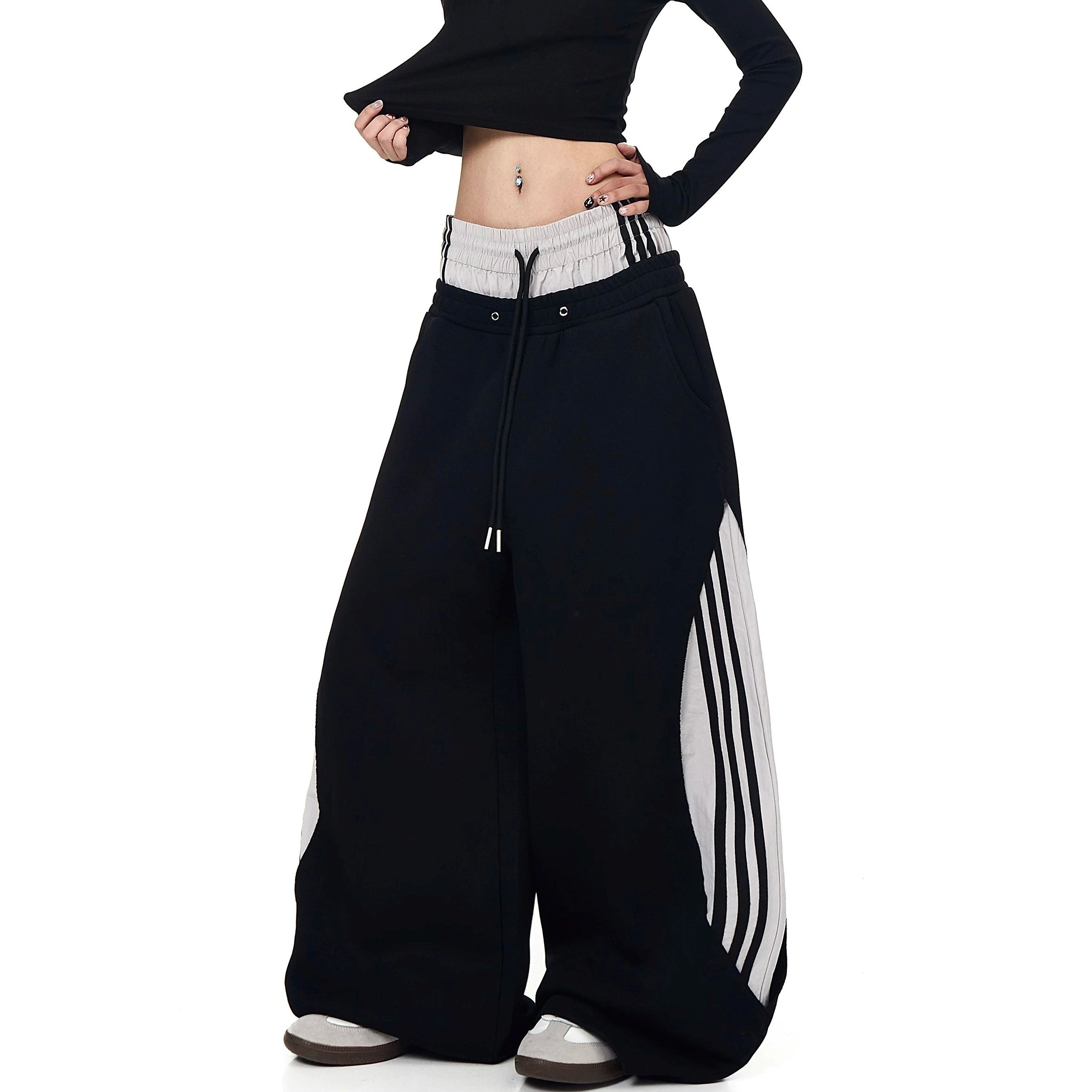 Double-Waist Patchwork Three-Stripe Wide Sweat Pants MB7406