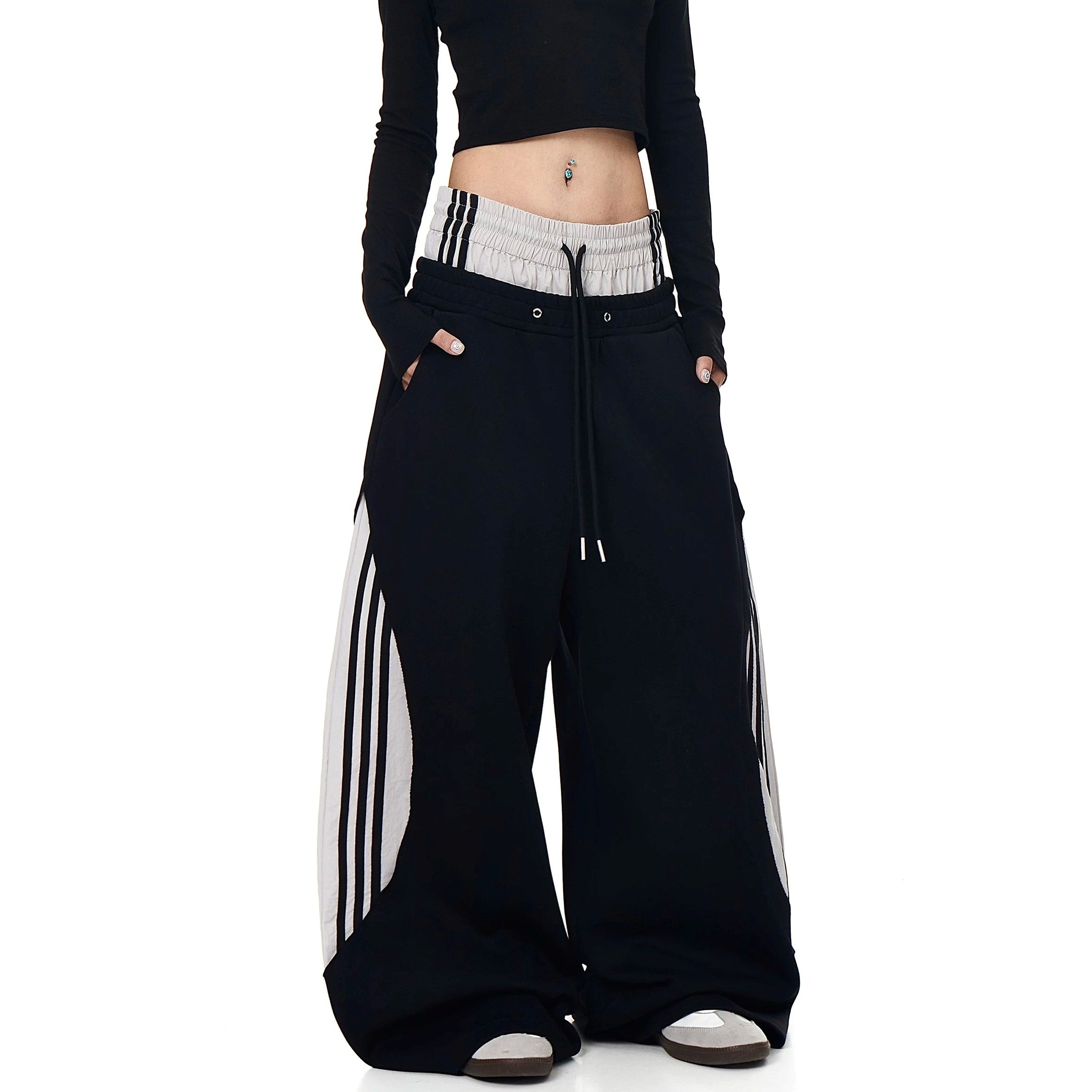 Double-Waist Patchwork Three-Stripe Wide Sweat Pants MB7406