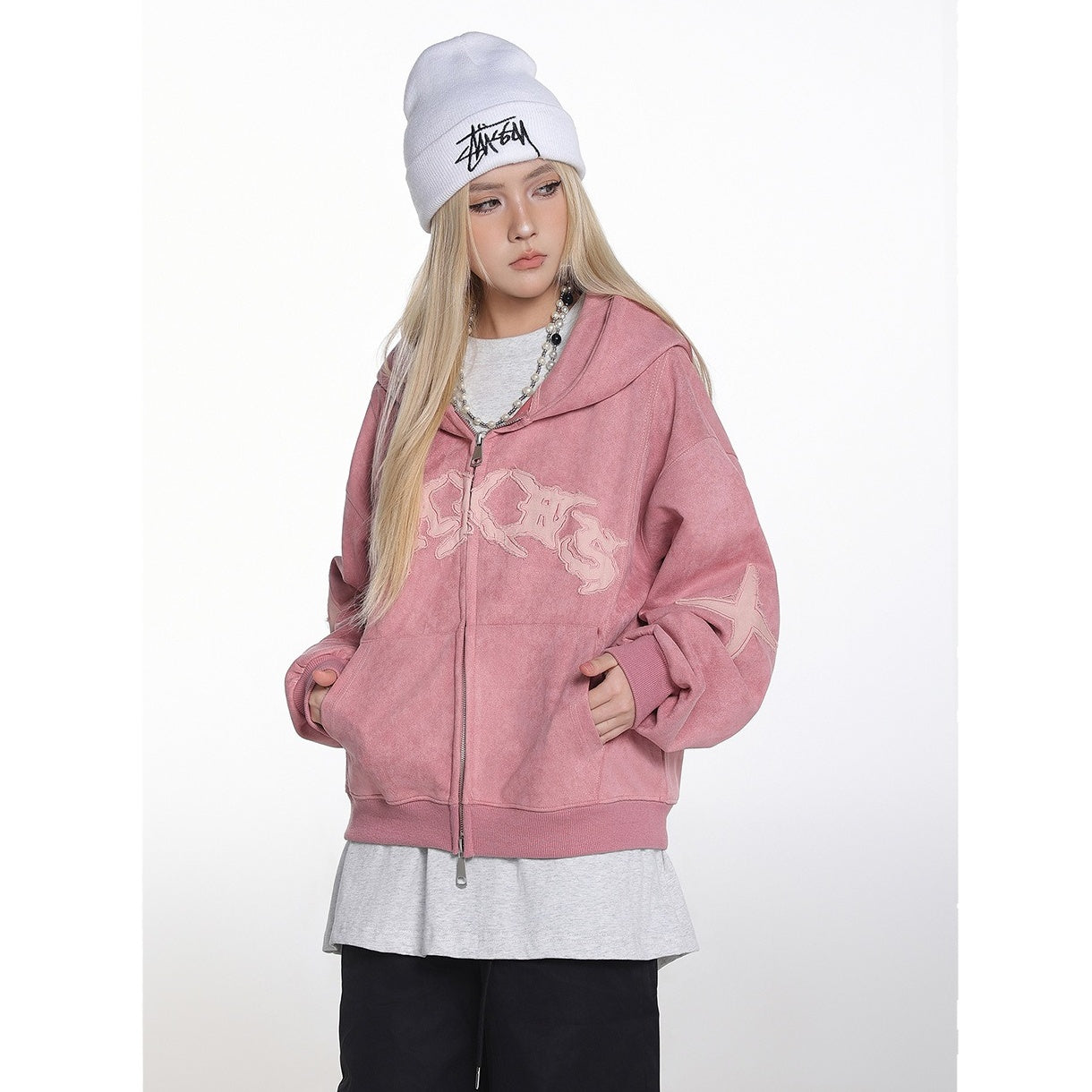 Letter Embroidered Suede Like Zipper Hoodie MB7435