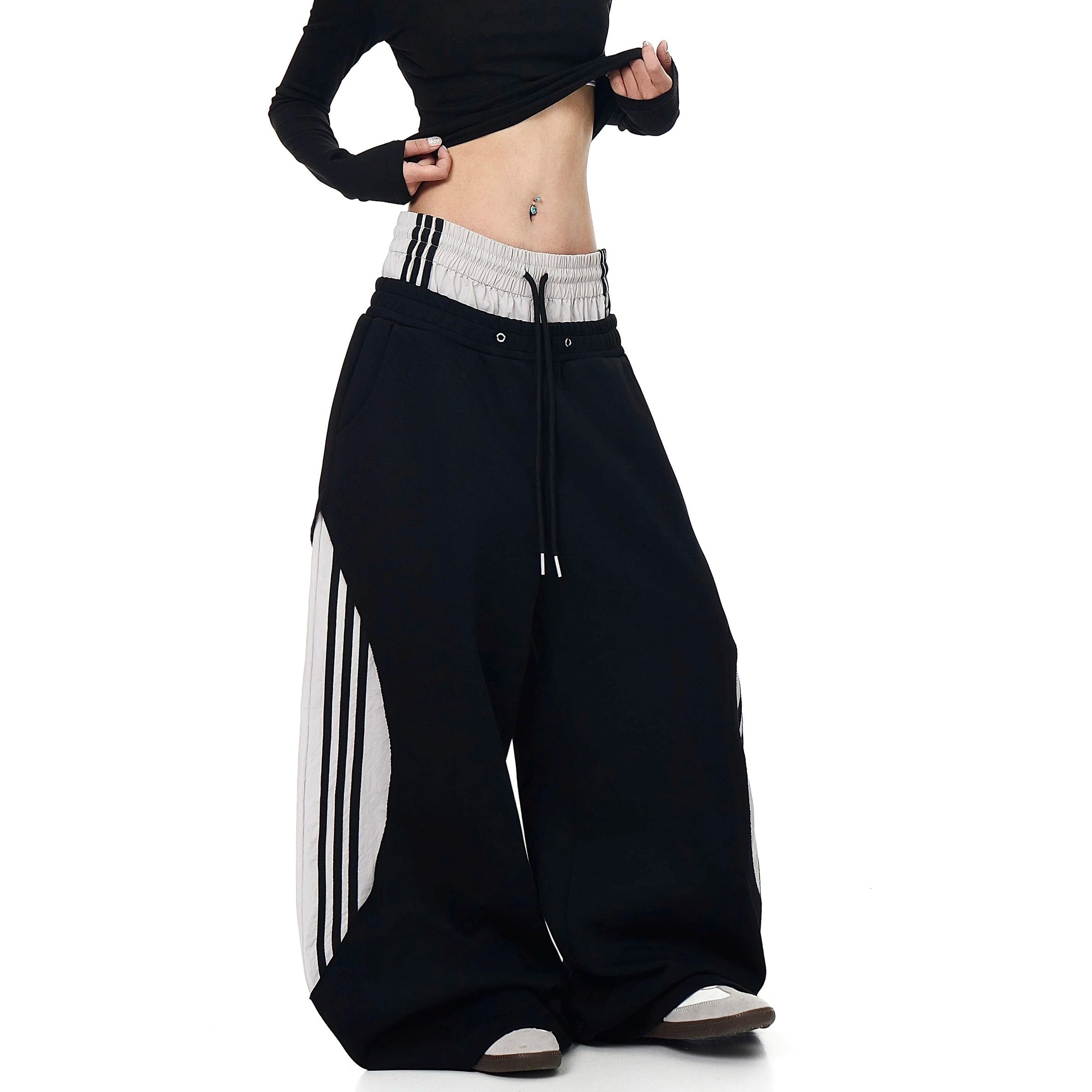 Double-Waist Patchwork Three-Stripe Wide Sweat Pants MB7406