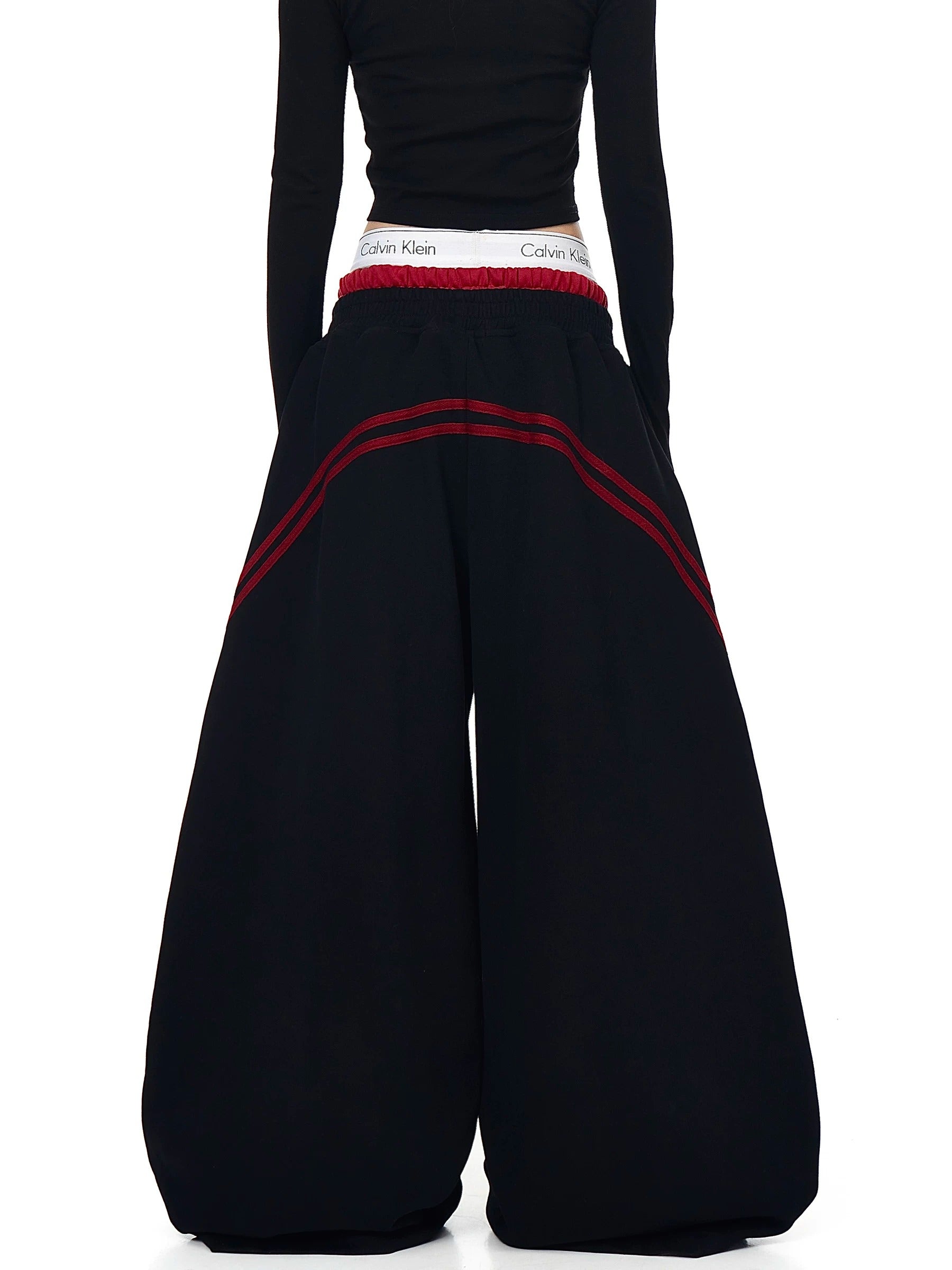 Contrasting Line Double-Waist Wide Curve Sweat Pants MB7431