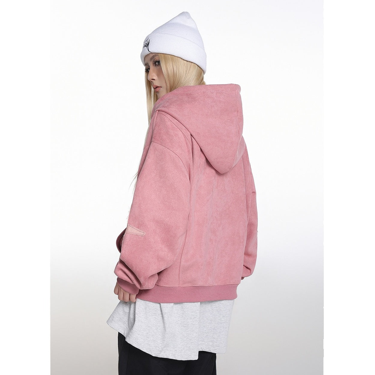 Letter Embroidered Suede Like Zipper Hoodie MB7435