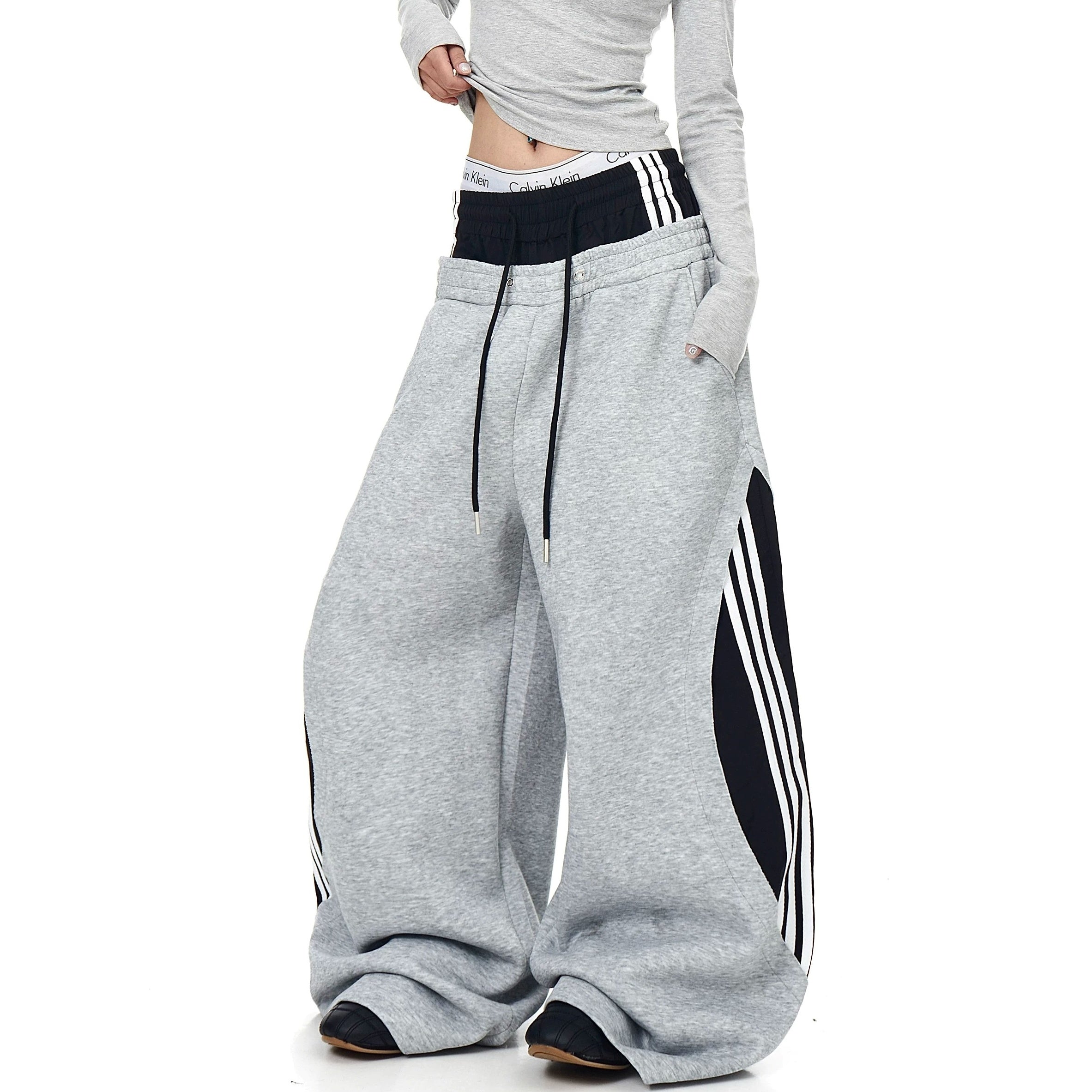 Double-Waist Patchwork Three-Stripe Wide Sweat Pants MB7406