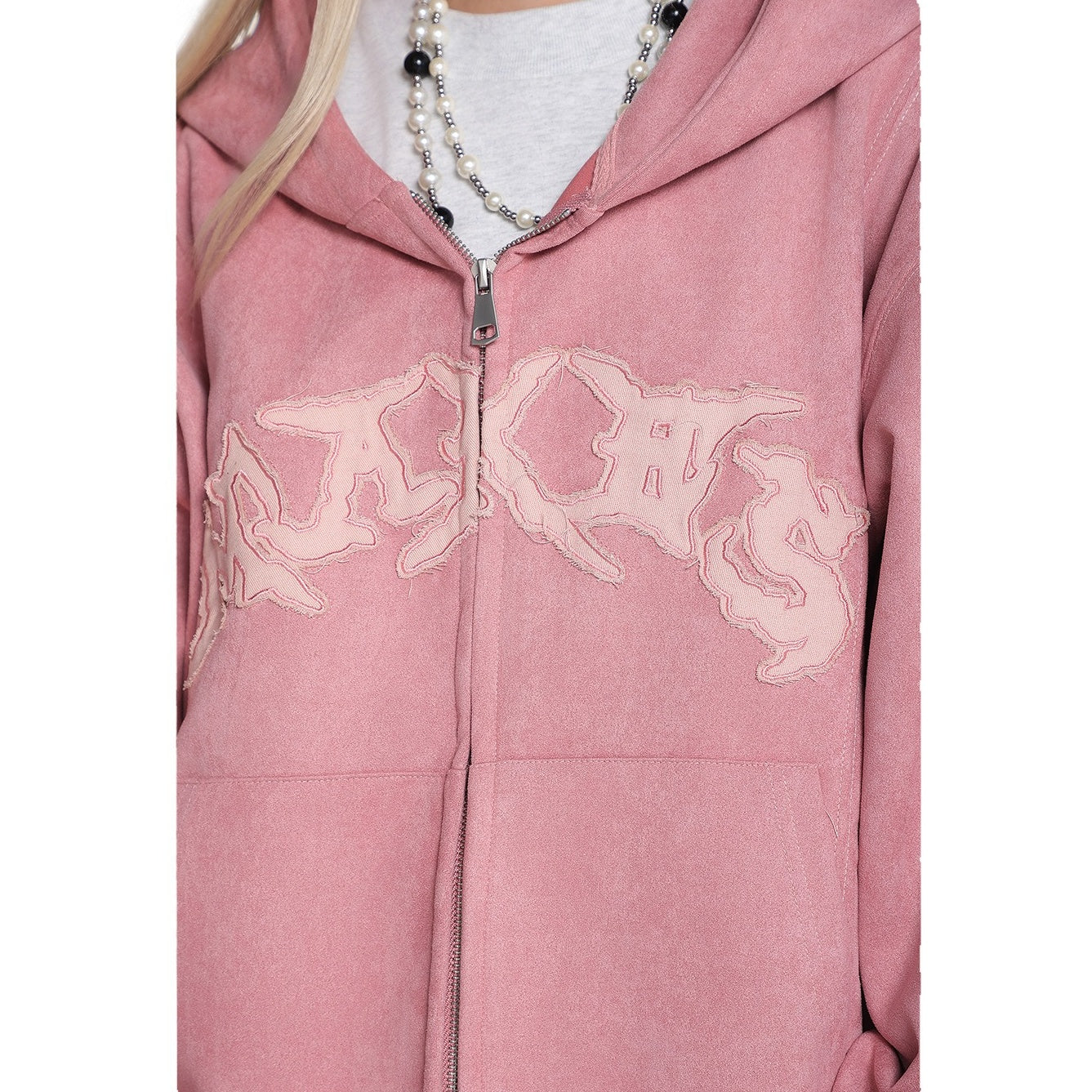Letter Embroidered Suede Like Zipper Hoodie MB7435