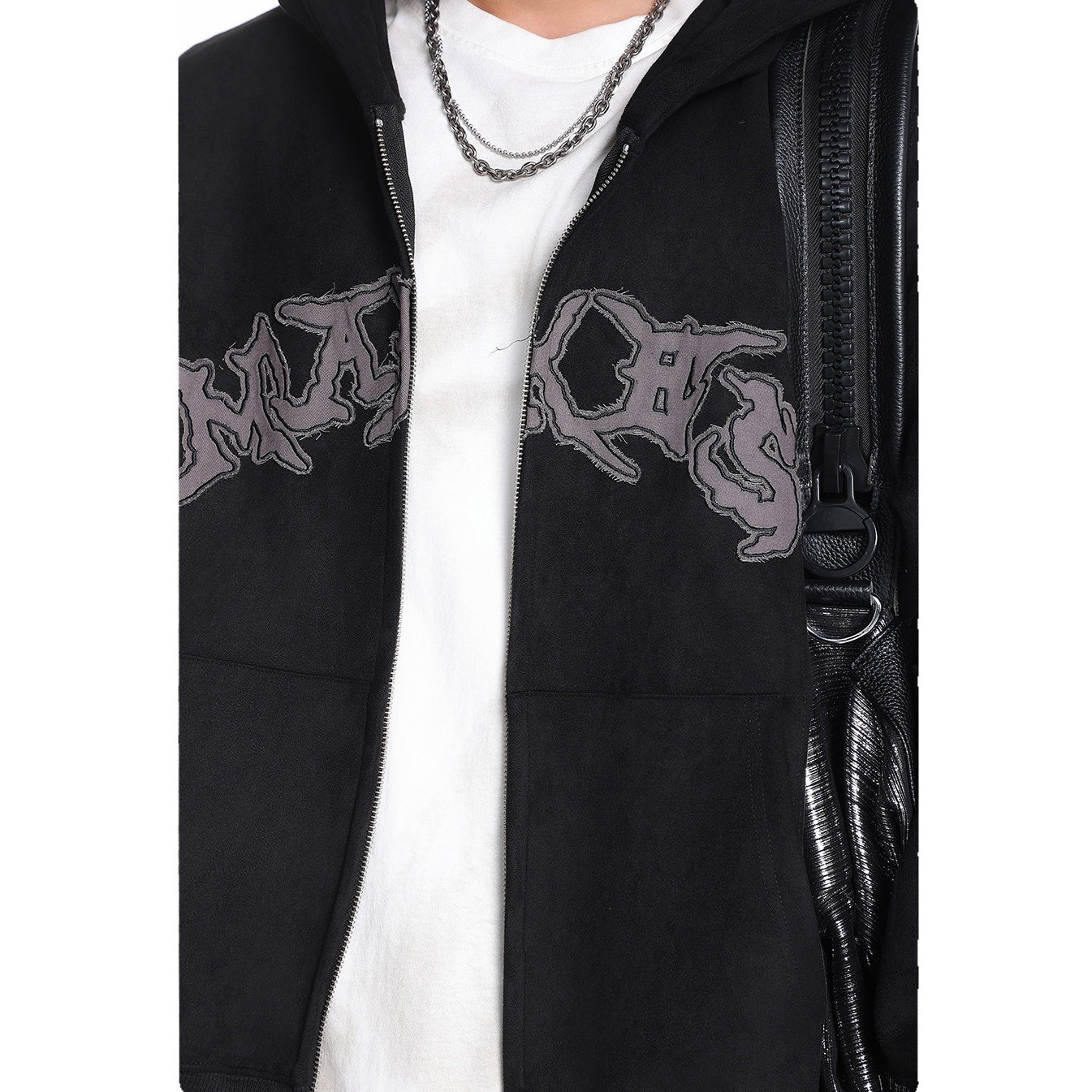 Letter Embroidered Suede Like Zipper Hoodie MB7435