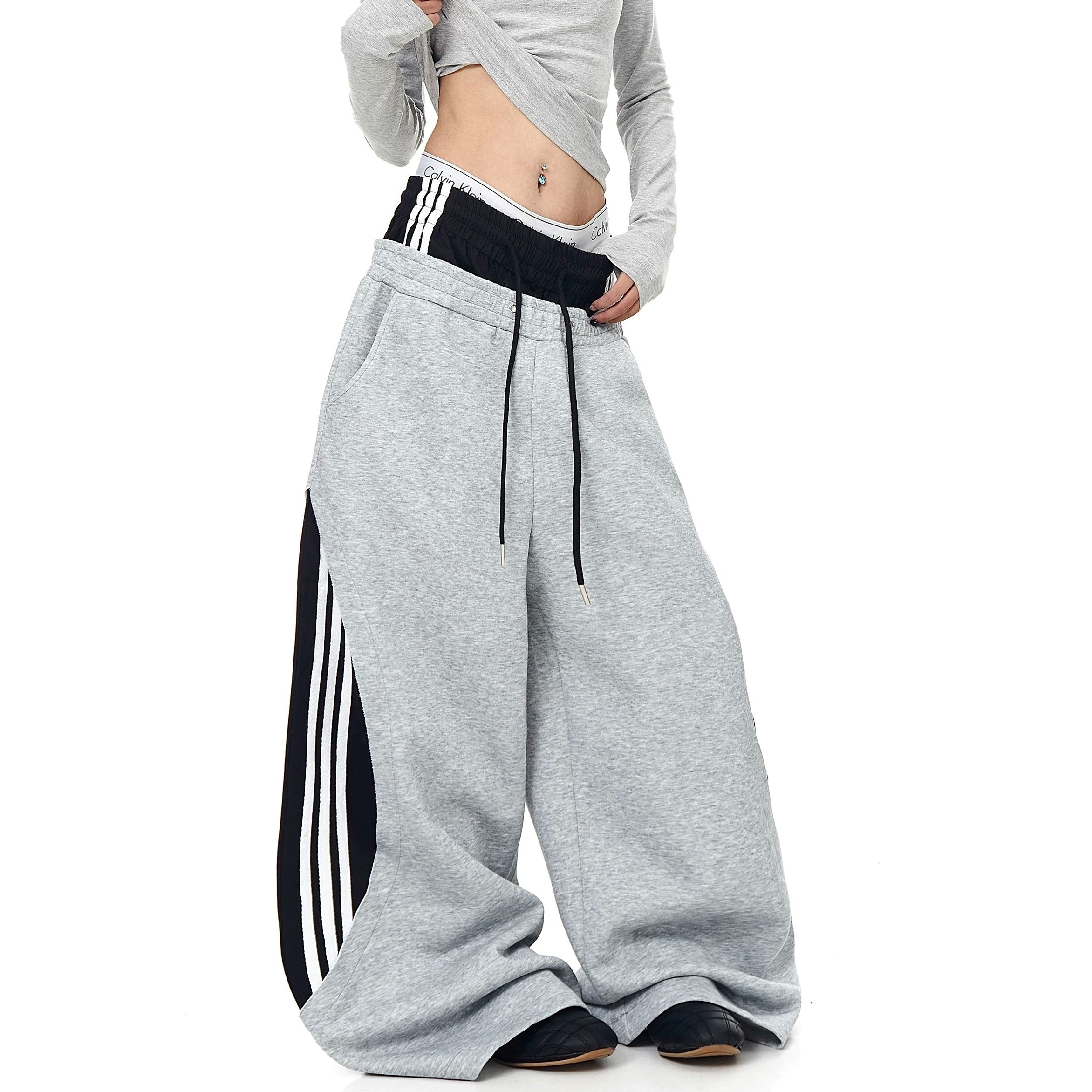 Double-Waist Patchwork Three-Stripe Wide Sweat Pants MB7406