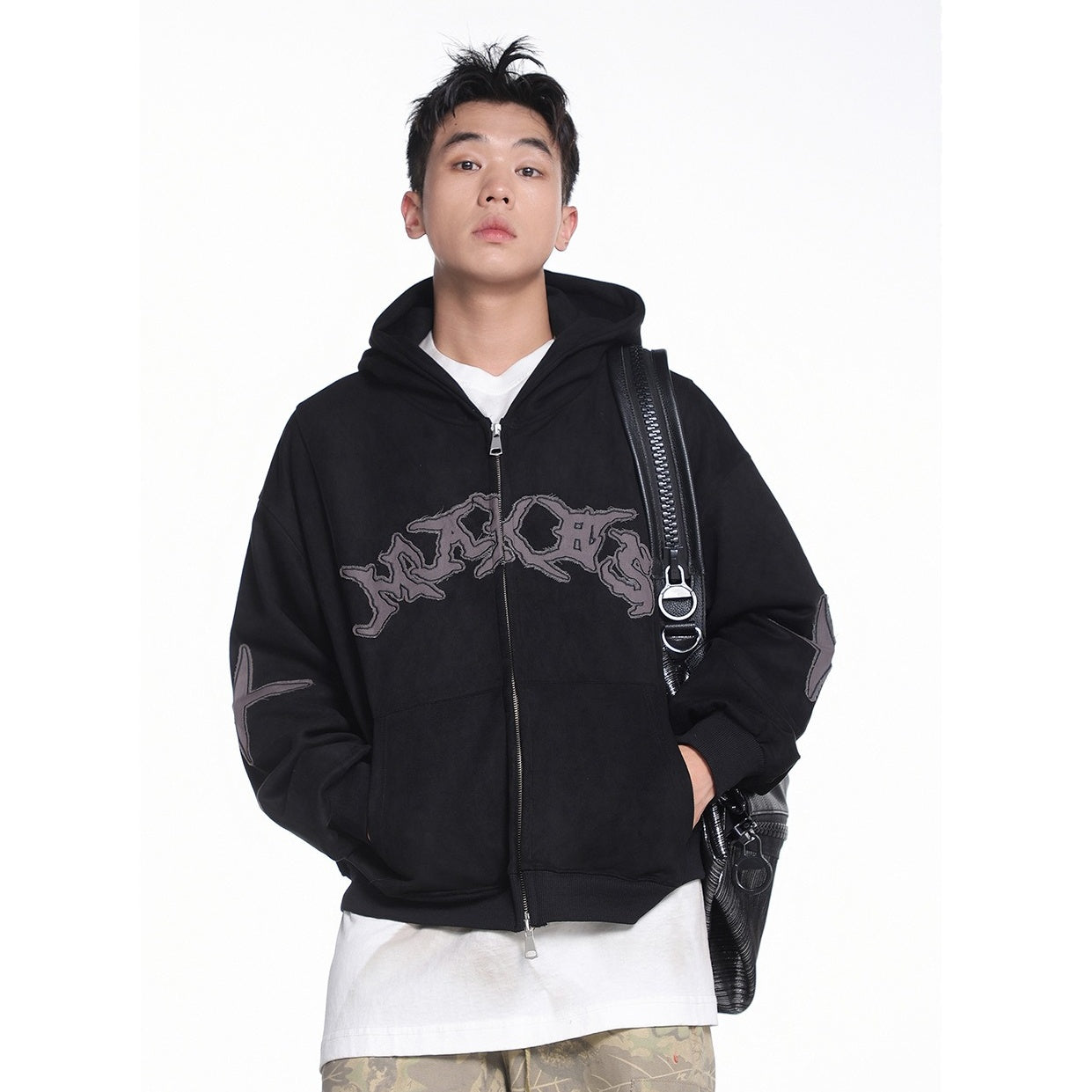 Letter Embroidered Suede Like Zipper Hoodie MB7435