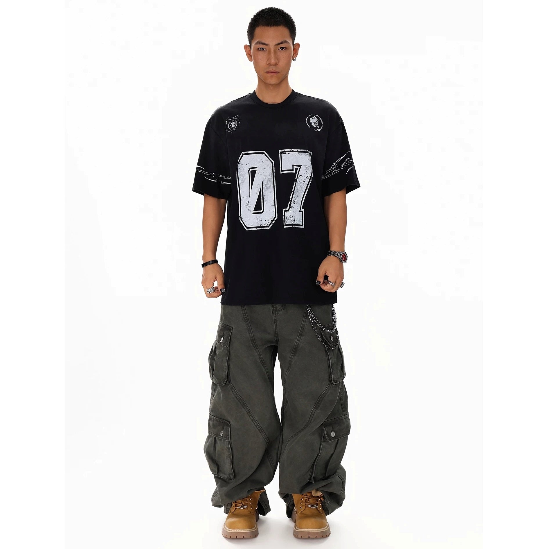 Dirty Dye Distressed Numbering Printed T-Shirt MB7415