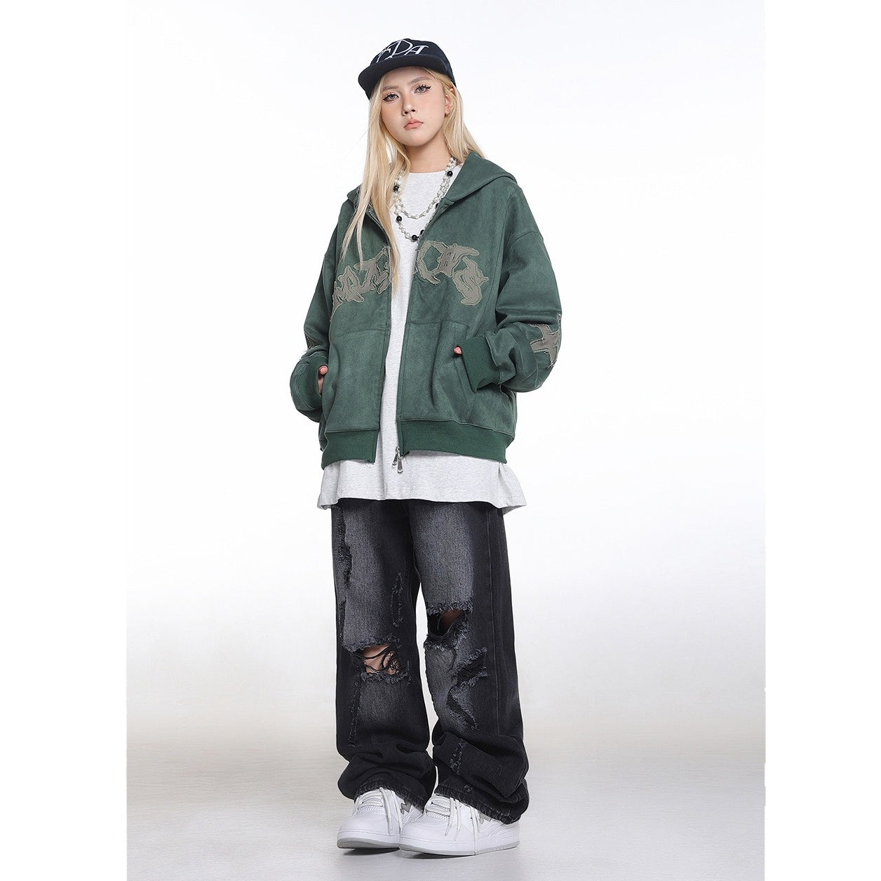 Letter Embroidered Suede Like Zipper Hoodie MB7435