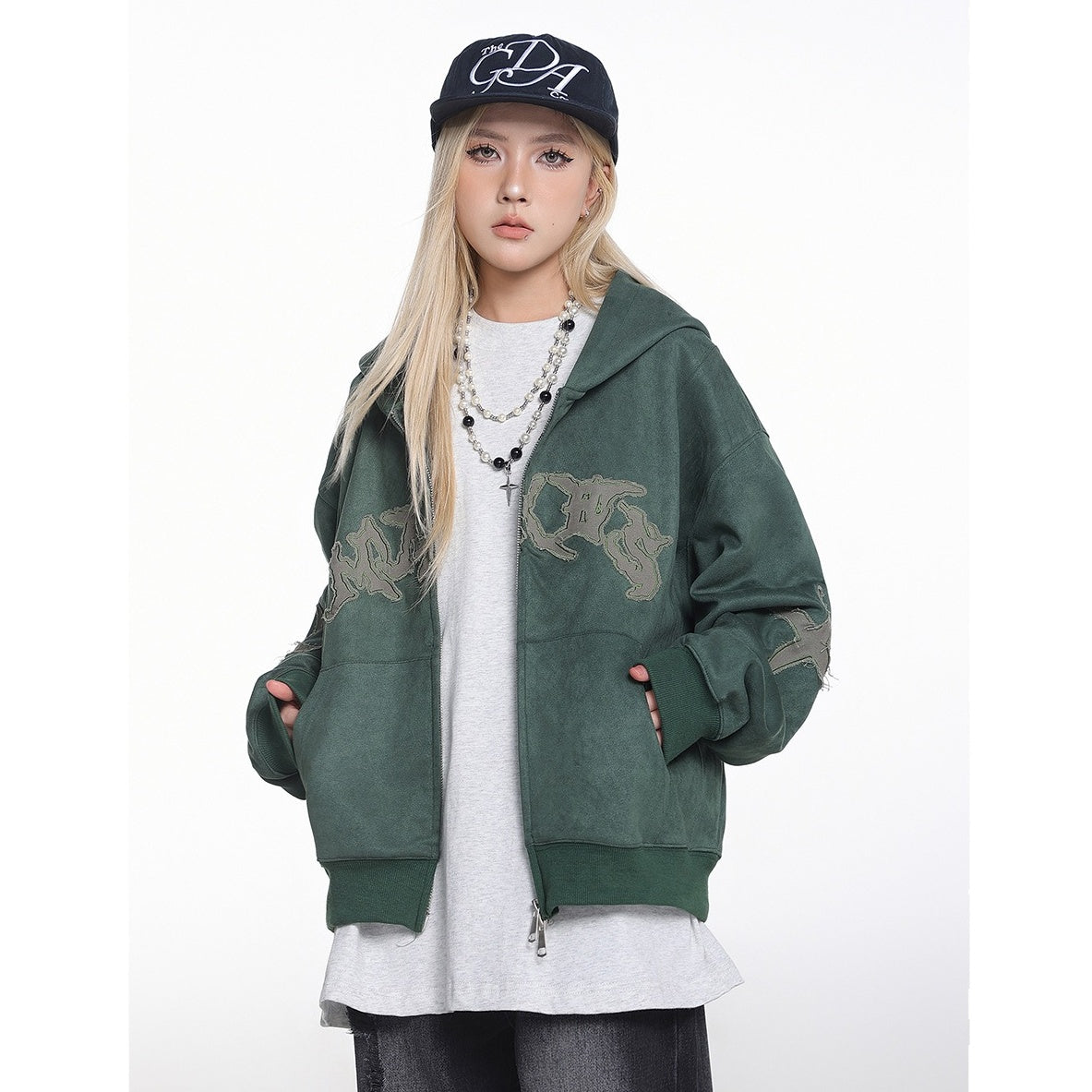 Letter Embroidered Suede Like Zipper Hoodie MB7435