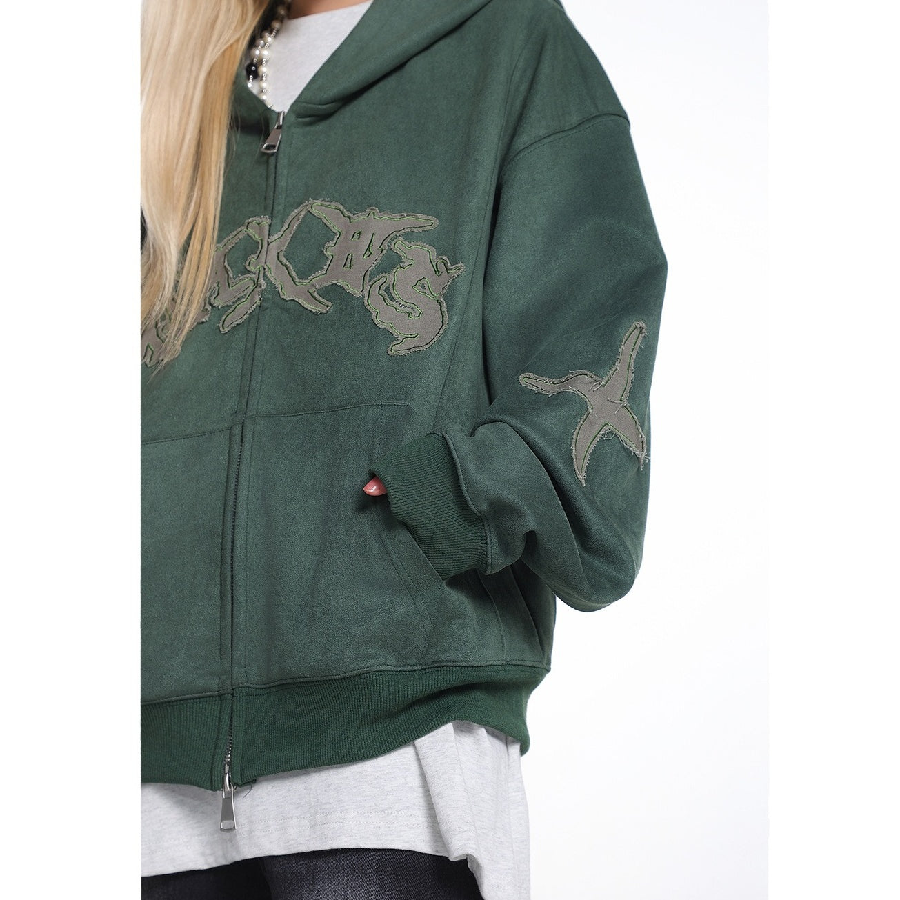 Letter Embroidered Suede Like Zipper Hoodie MB7435