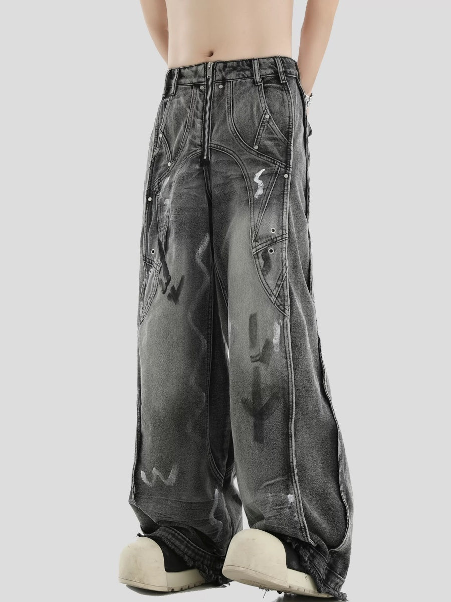 Irregular Traces Graffiti Wide-leg Switching Jeans IN7020