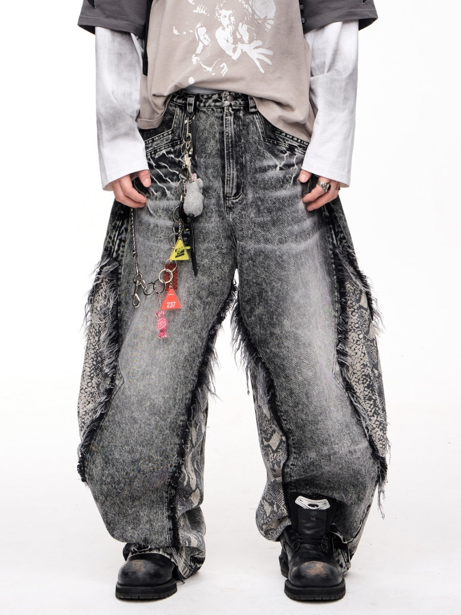 Raw-edged Snakeskin-panelled Washed Barrel Leg Jeans MB7326