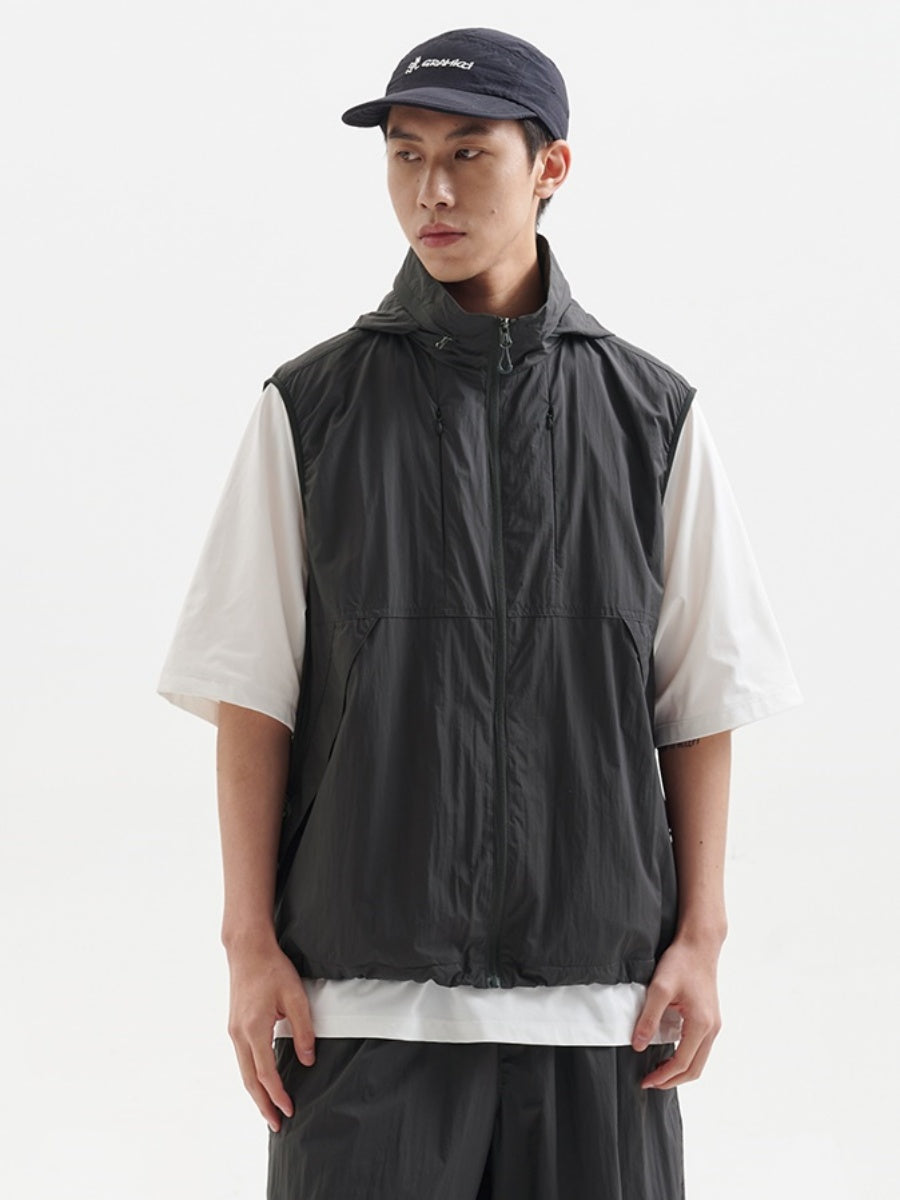 High-Neck Hidden Hood Outdoor ZIP-Up Vest BB001