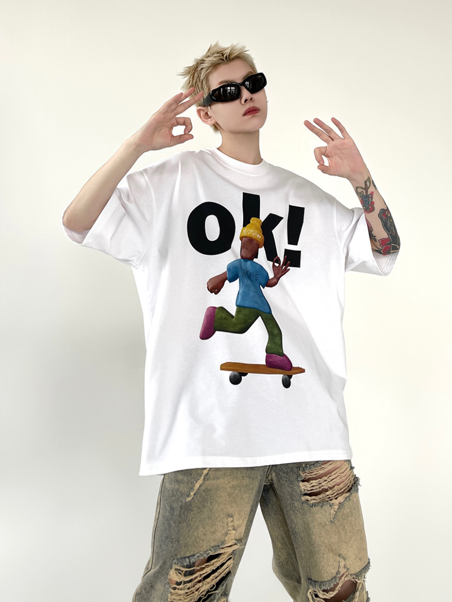 Skateboard Cartoon Print Loose T-Shirt EAT017