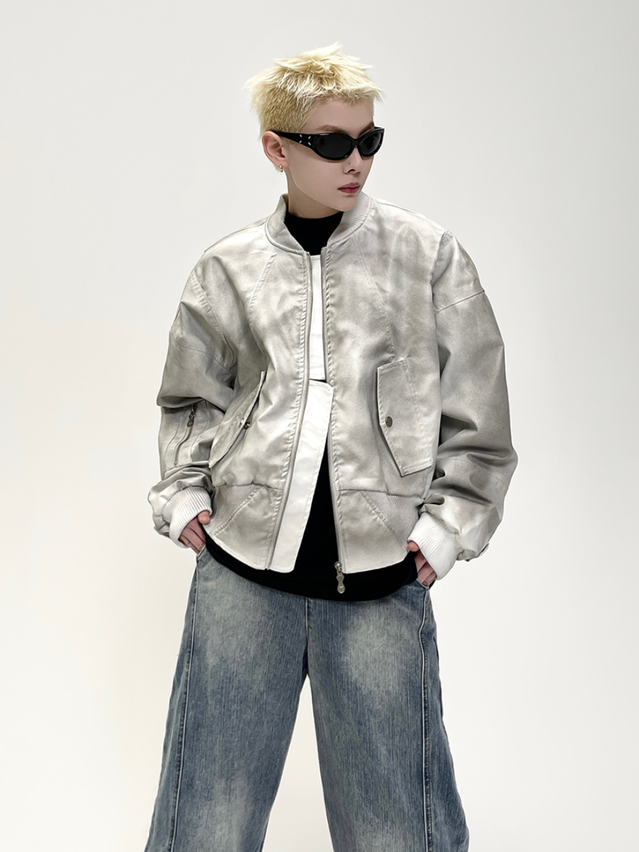 Dirty Washed Leather Baseball Jacket EAT070