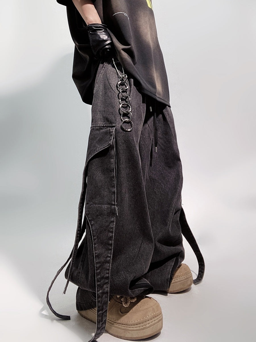 Long Strap Design Wide Cargo Jeans UU7025