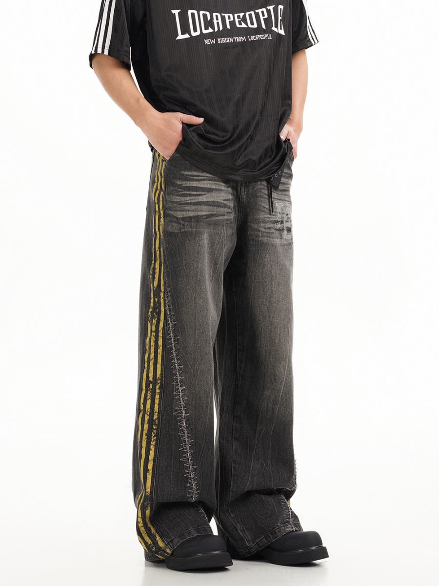 Three-bar Washed Loose Straight Jeans EAT080
