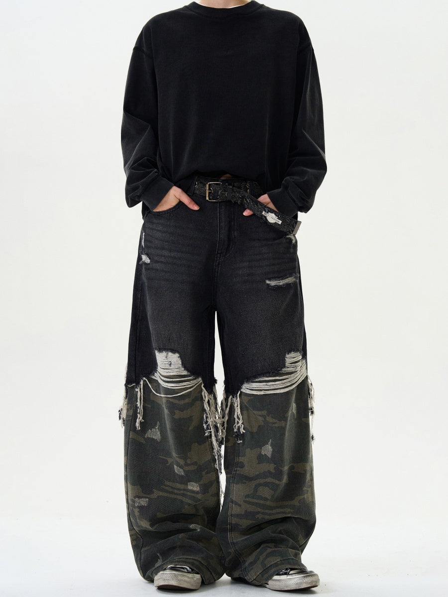 Camouflage Stitching Damage Loose Jeans MB7341