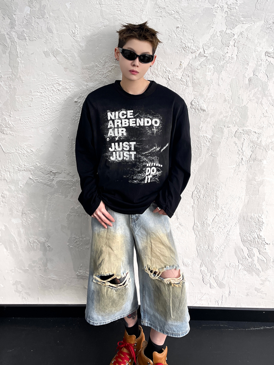 Letter Print Tie-dye Long Sleeve T-shirt EAT092