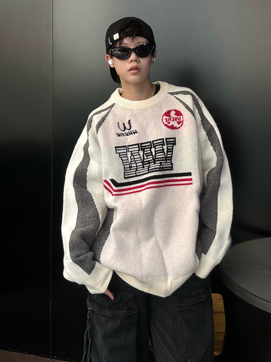 Geometric Contrast Jacquard Crewneck Sweater MB7171