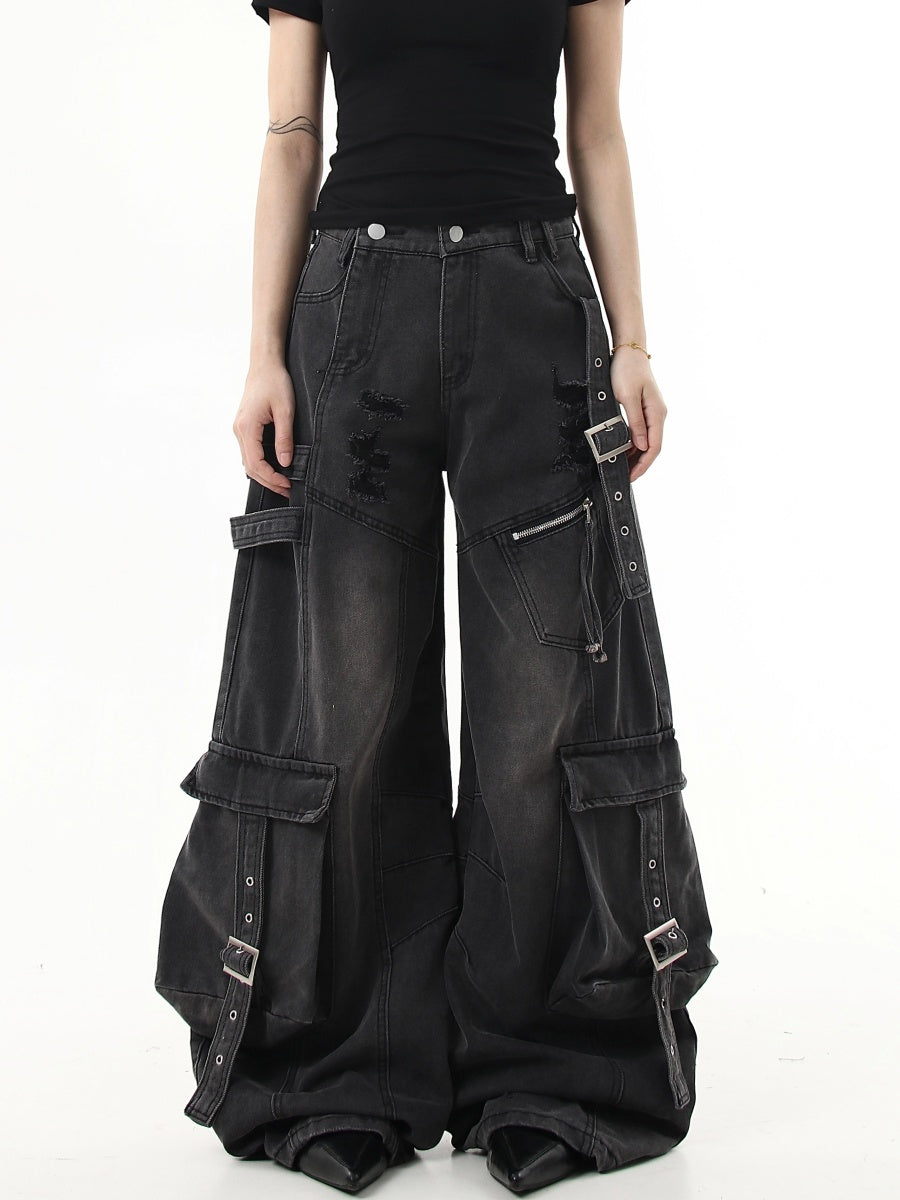 Ripped Scimitar Strap Cargo Jeans MB7343