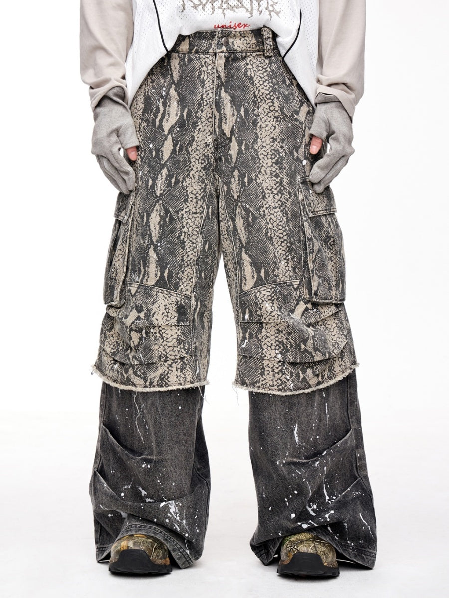 Fake Two-piece Python Print Panelled Baggy Pants MB7321