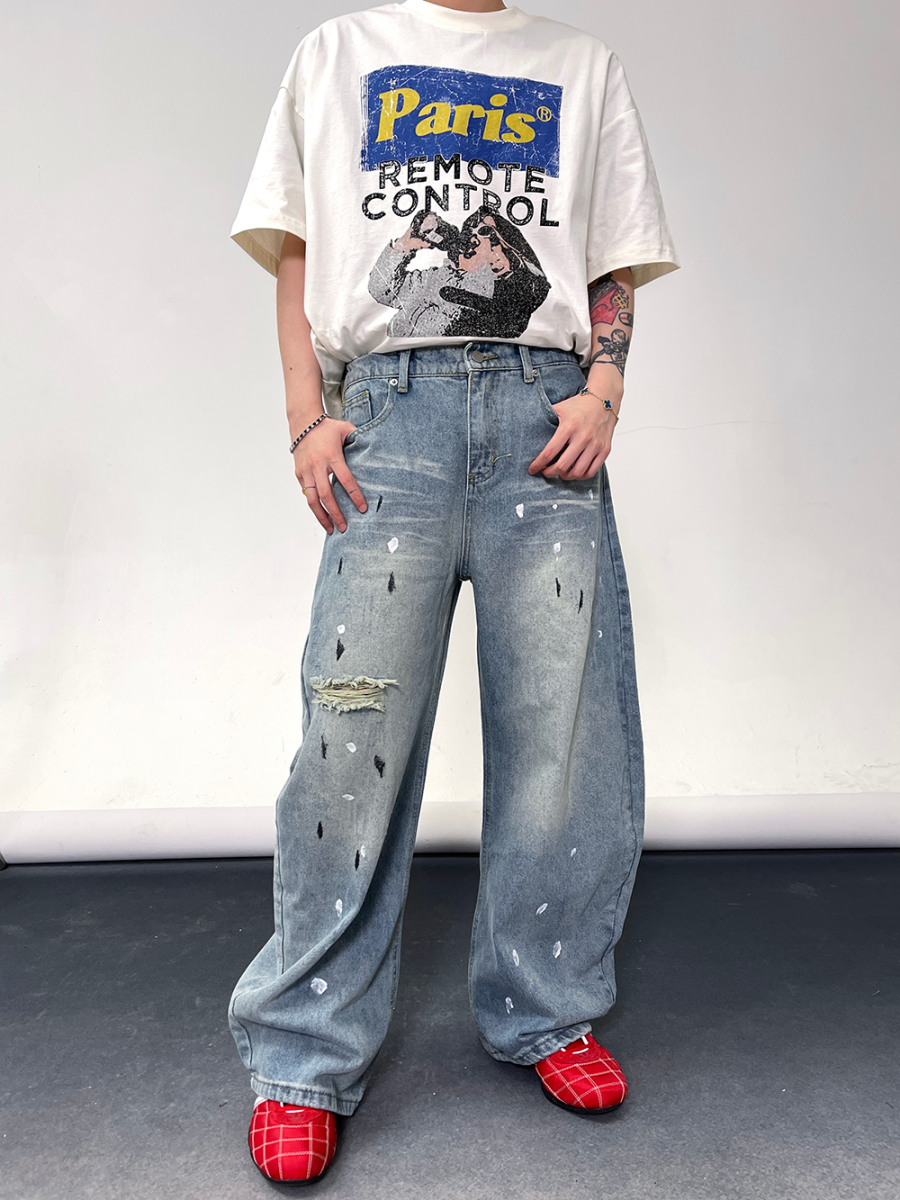 Wash Ink-splashed Ripped Relax Jeans EAT119