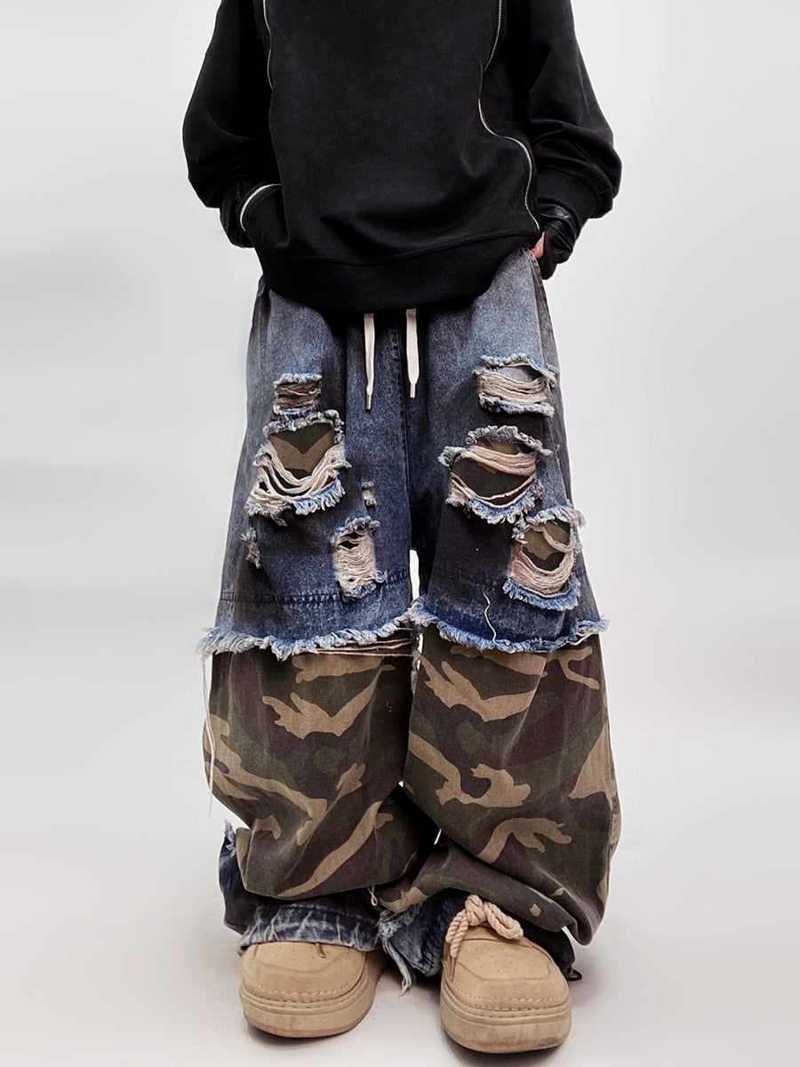 Ripped Camouflage Switching Wide Leg Jeans UU7015