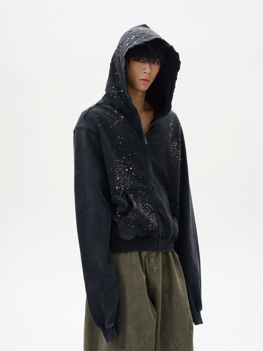 Rhinestone Zipper Hooded Sweat MB7342