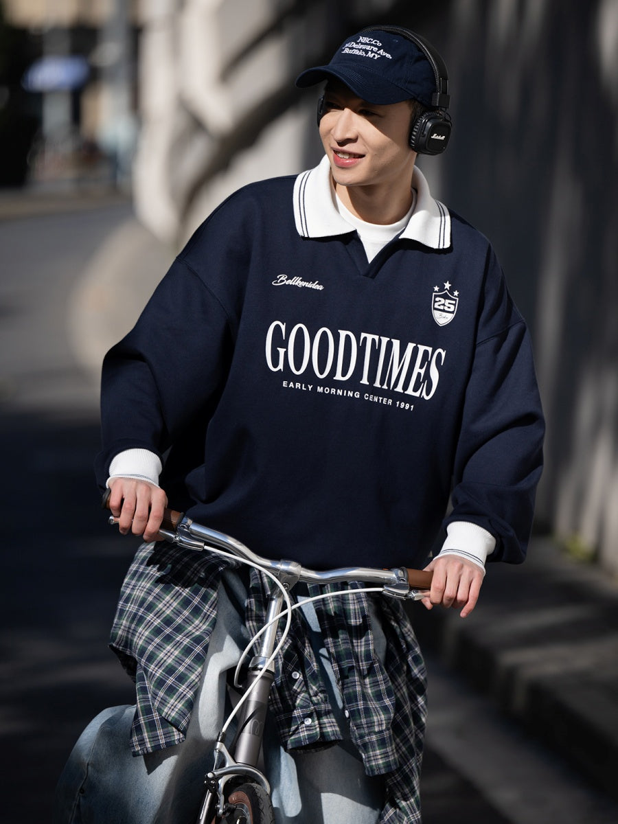 Contrast Polo Lapel Vintage Print Sweatshirt BI2010