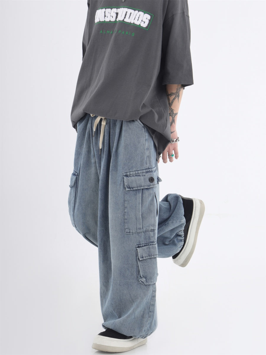 Drawstring Washed Loose Casual Cargo Jeans IN7032