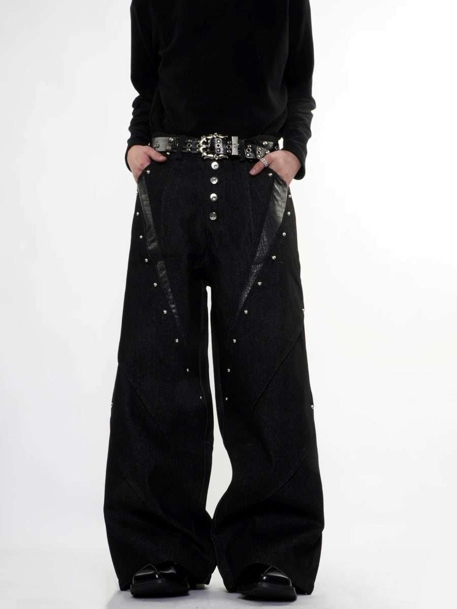 Studded Snake-Embossed Wide Denim Pants MB7411