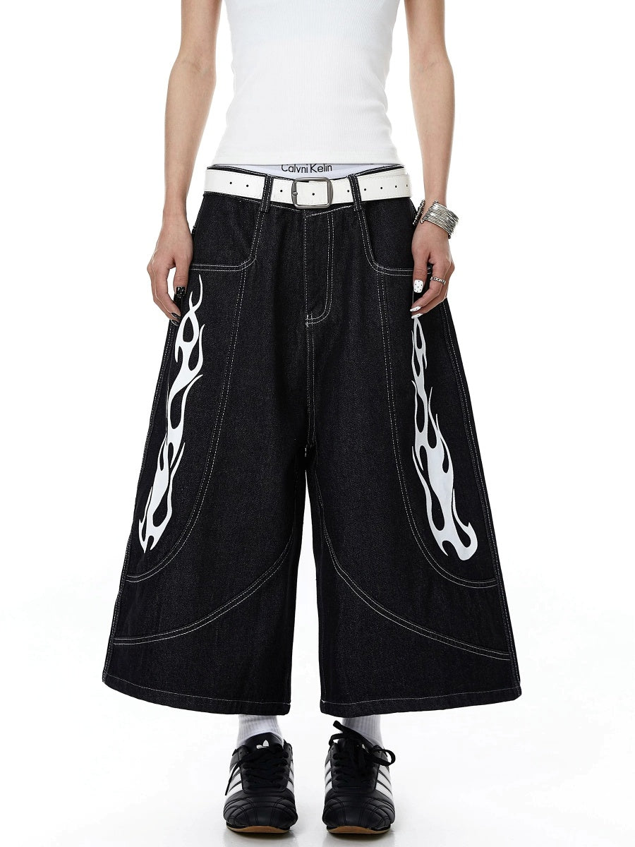 Flame Print Cropped Denim Wide Pants MB7410