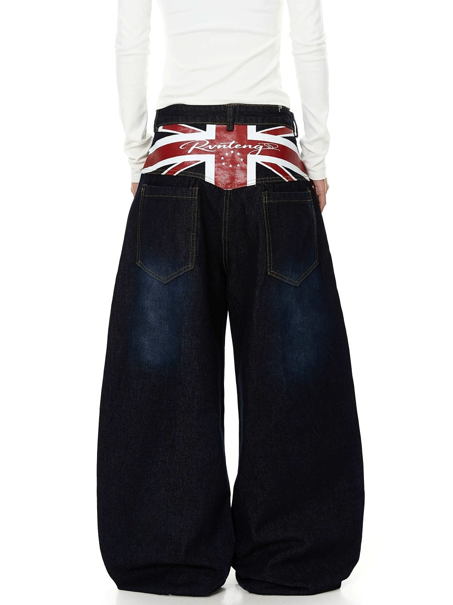 American Flag Print Washed Curved Jeans MB7443
