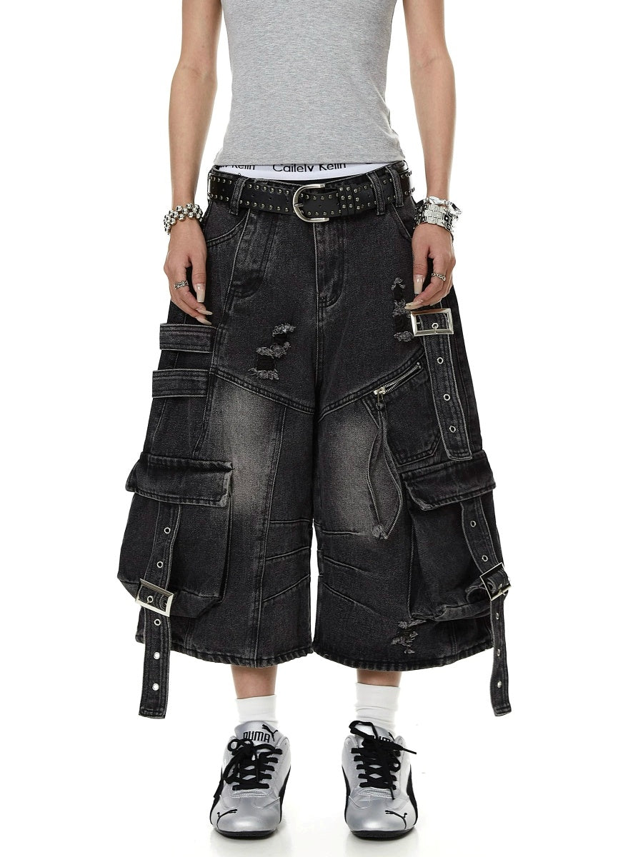 Straps Deconstructed Cropped Denim Cargo Pants MB7402