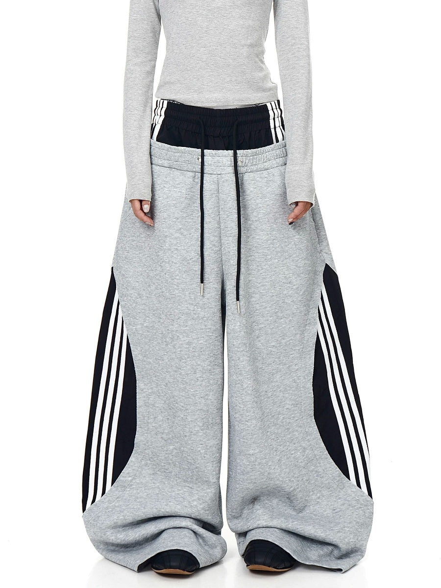 Double-Waist Patchwork Three-Stripe Wide Sweat Pants MB7406