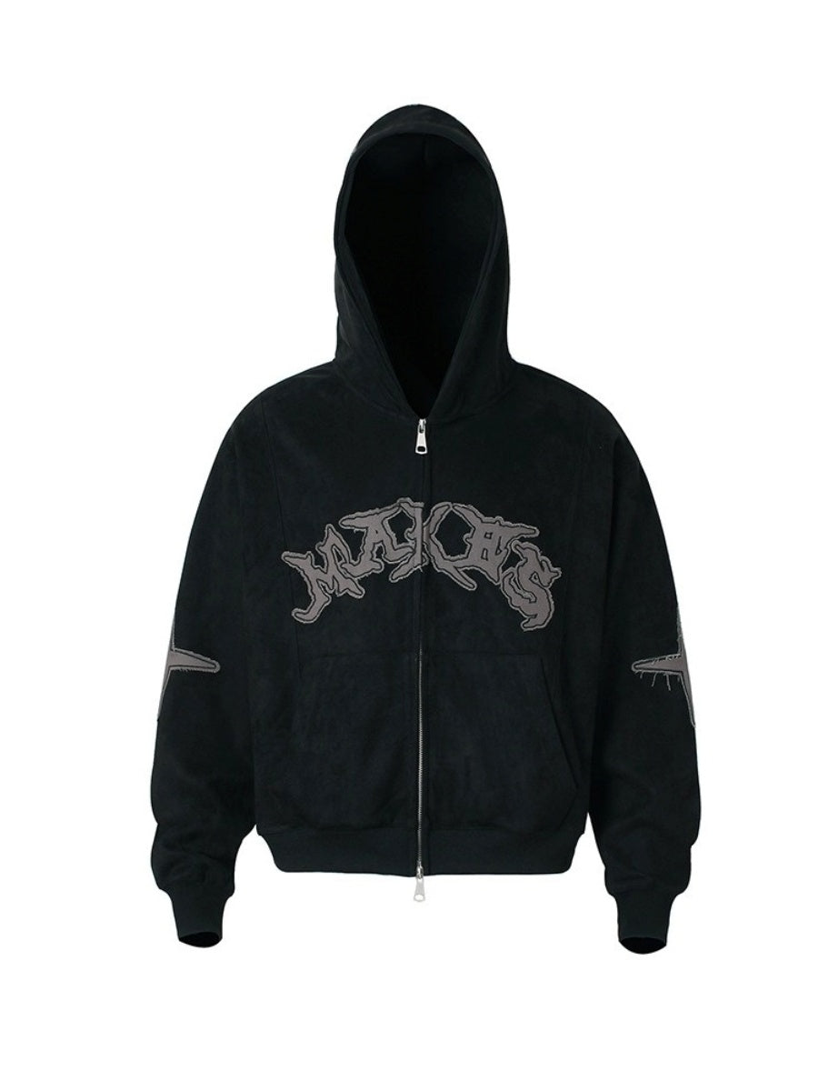 Letter Embroidered Suede Like Zipper Hoodie MB7435