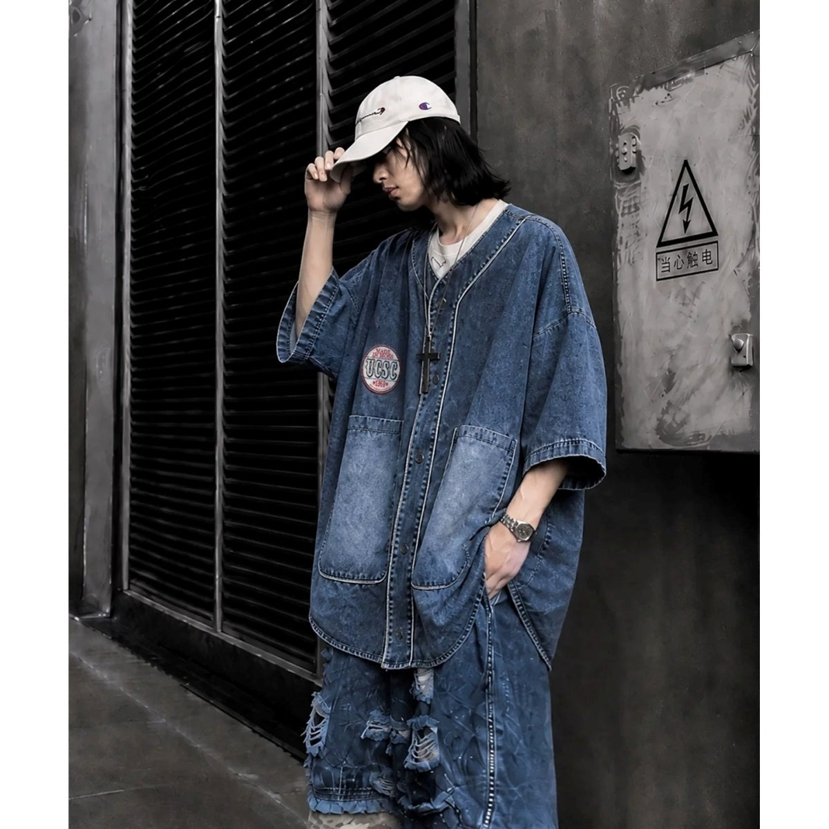 Loose Washed Denim Baseball Shirt MB7380