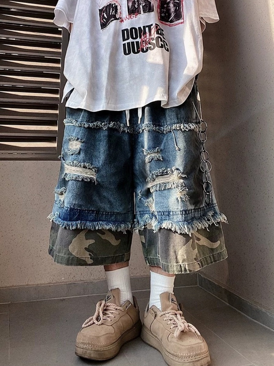 Camouflage Ripped Cropped Denim Pants MB7377
