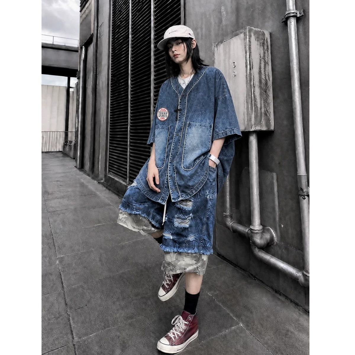 Loose Washed Denim Baseball Shirt MB7380