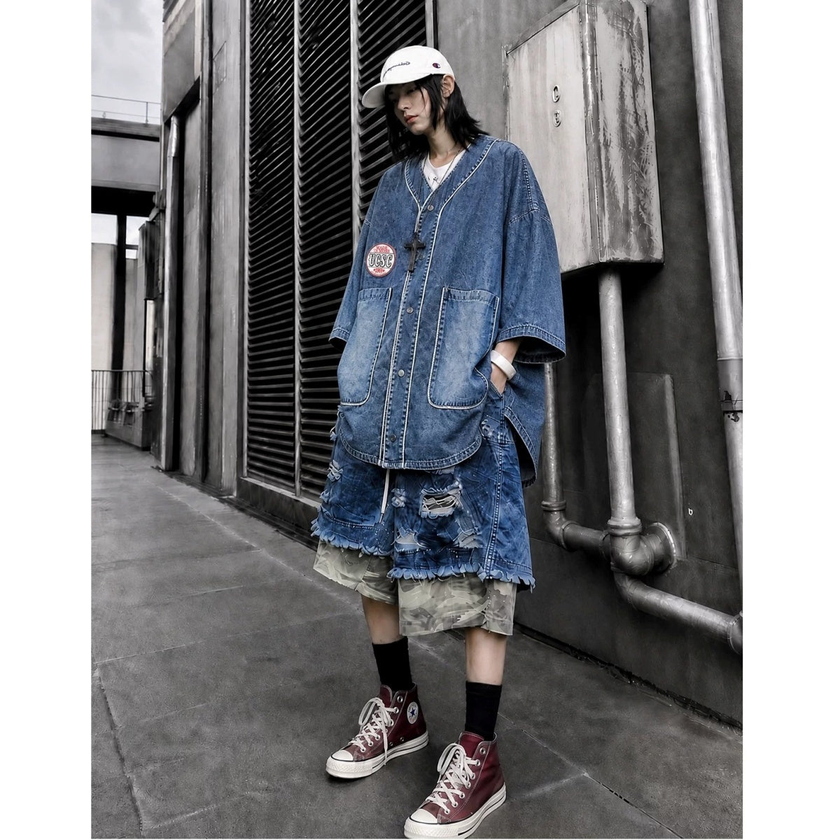 Loose Washed Denim Baseball Shirt MB7380
