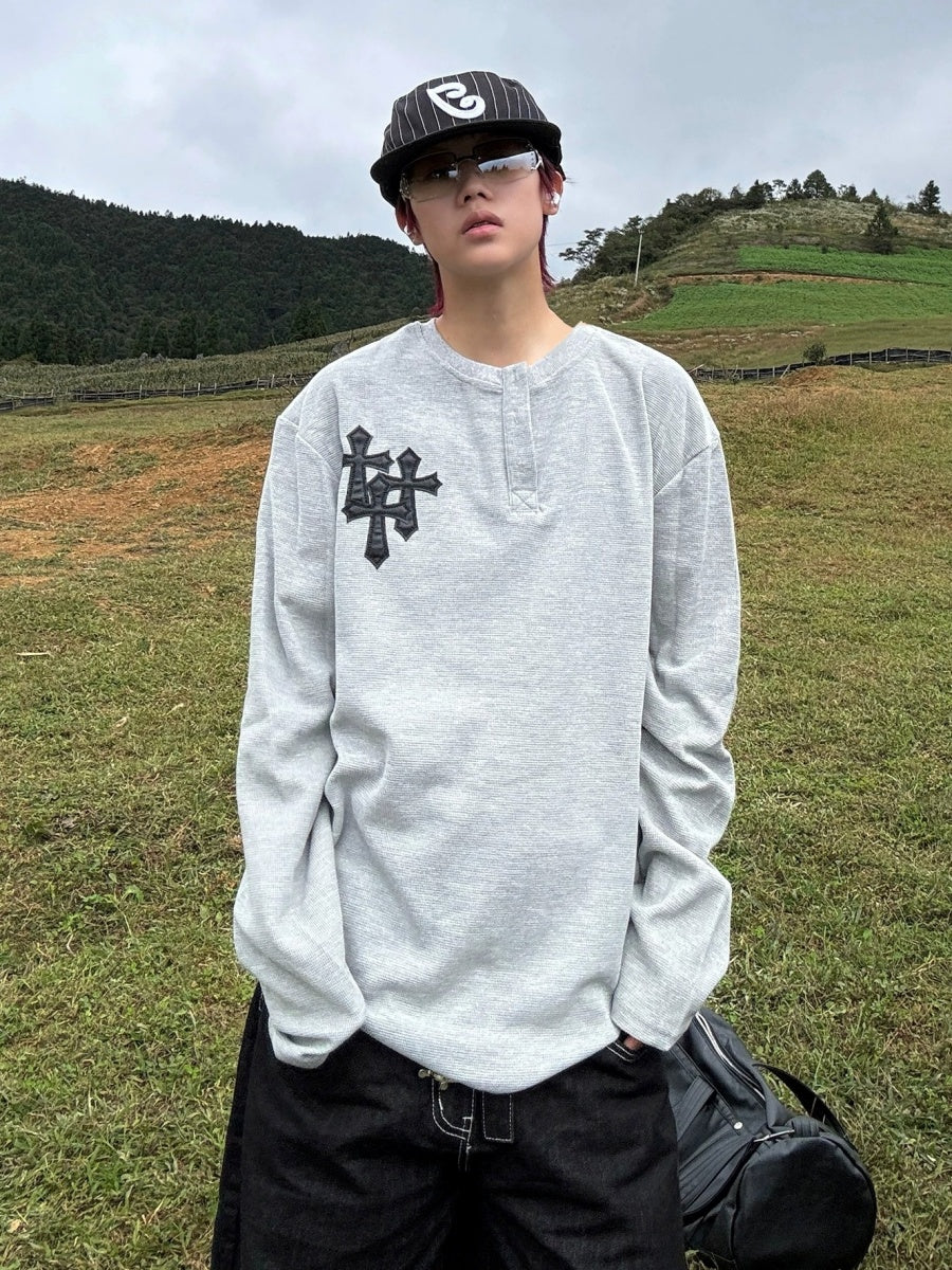 Cross Patchwork Waffle Henry Long Sleeve T-Shirt MB7421