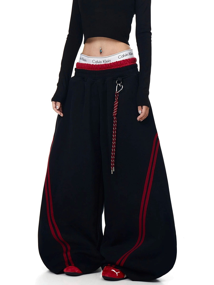 Contrasting Line Double-Waist Wide Curve Sweat Pants MB7431